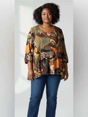 3 Potato Abstract Print Peplum Tunic in Orange, Olive & Brown